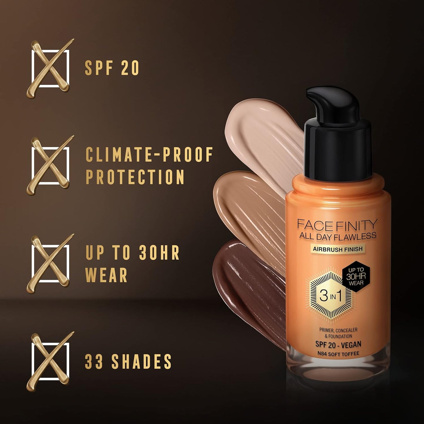 Max Factor Facefinity 3-in-1 Foundation 30ml – Soft Toffee, SPF 20