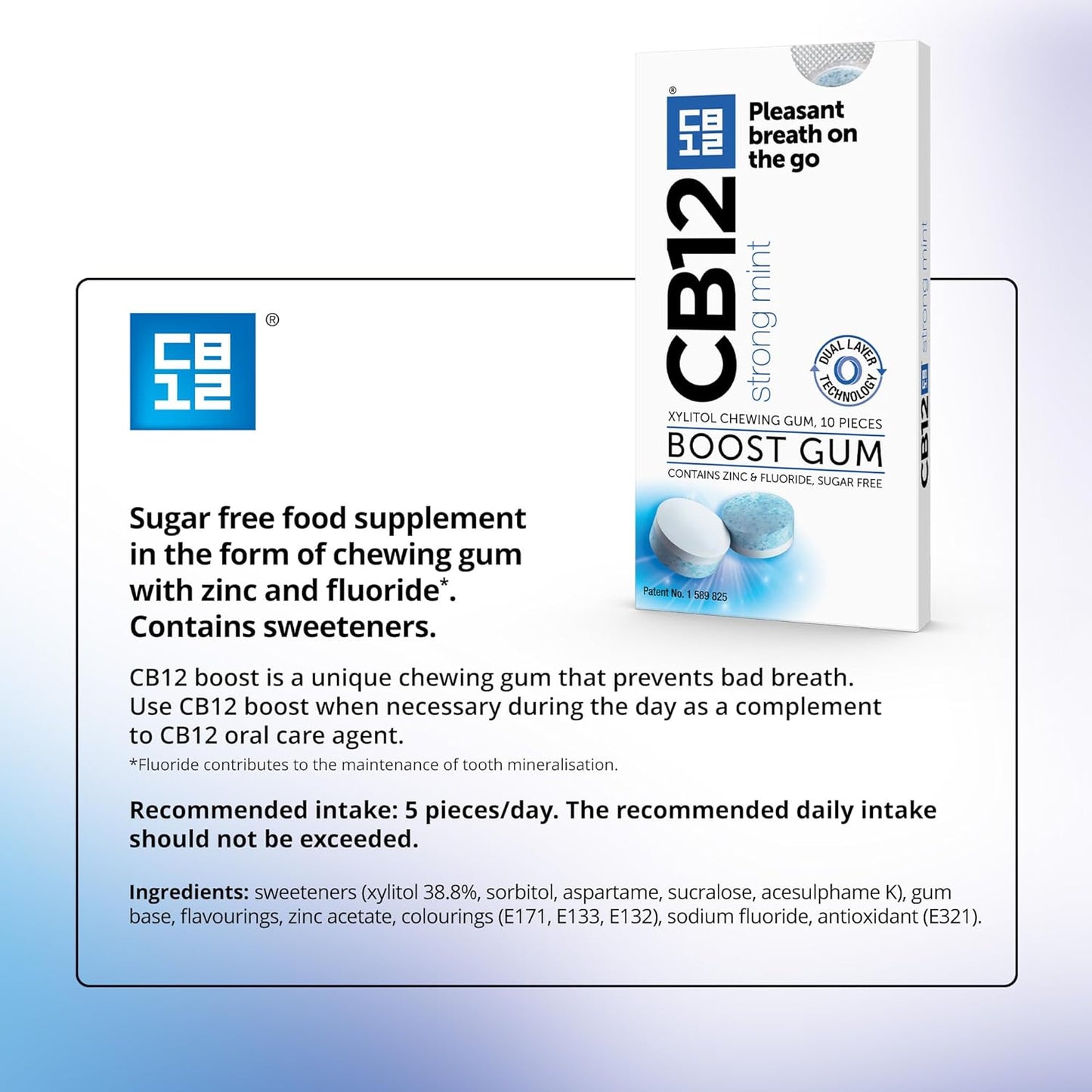 CB12 Boost Chewing Gum – Sugar-Free Fresh Breath Gum, Cool Mint, 10pcs