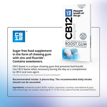 CB12 Boost Chewing Gum – Sugar-Free Fresh Breath Gum, Cool Mint, 10pcs